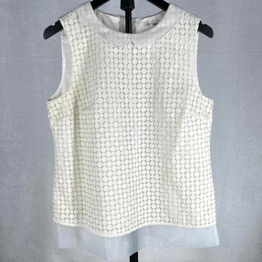 Brooks Brothers Size 10 Ivory Peter Pan Collar Sleeveless Polka Dot Textured Top